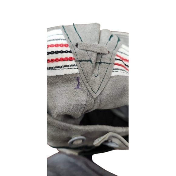 80s Leather Lederhosen Brown/Grey with Green and Red Leather Piping Details - Picture 7 of 11